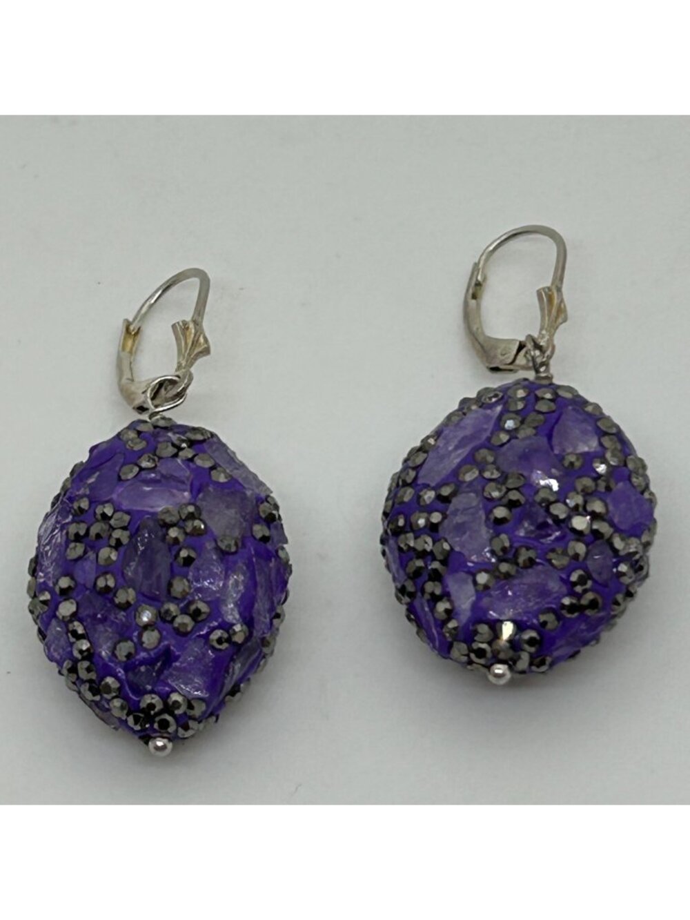 Purple Resin Cluster Dangle Earrings With Silver-Toned Leverback Clasps